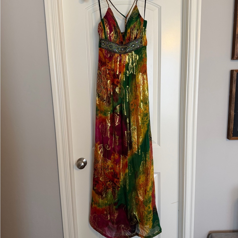 Vibrant Multicolor Beaded Empire Waist Maxi Dress